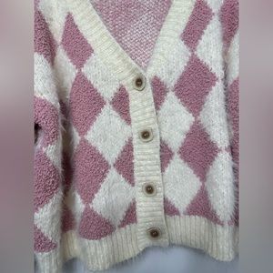 Pol Pink & White Diamond pattern oversized cardigan